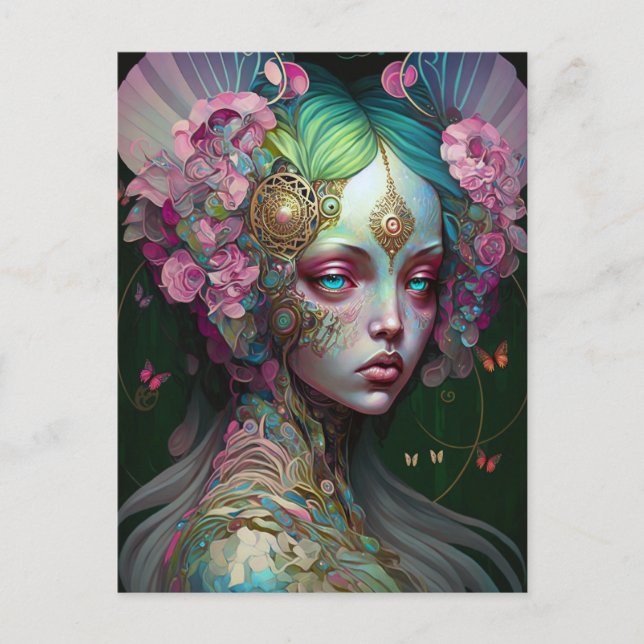 Pink Green Elf Fairy Woman Fantasy Art Postkarte (Vorderseite)