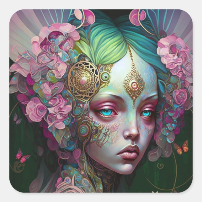 Pink Green Elf Fairy Woman Fantasy Art Quadratischer Aufkleber (Vorderseite)