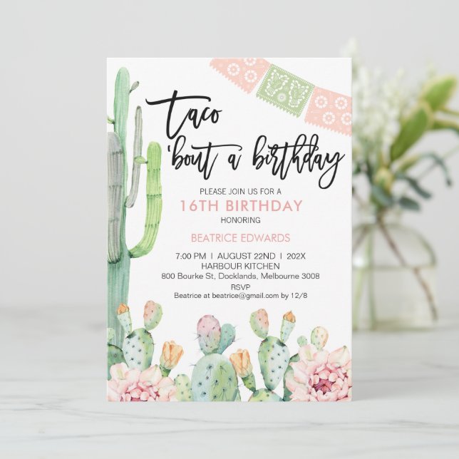 Pink Green Fiesta Taco Bout A Birthday Invitation (Debout devant)
