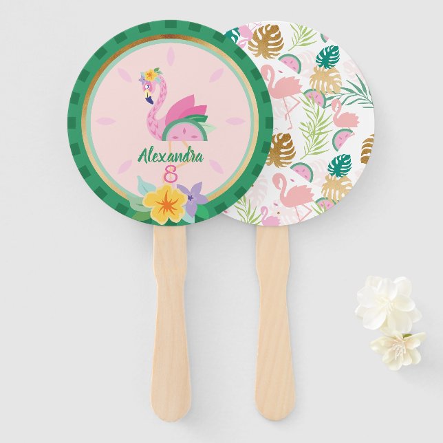Pink Green Flamingo & Watermelon Tropical Birthday Fächer (Vorne und Hinten)