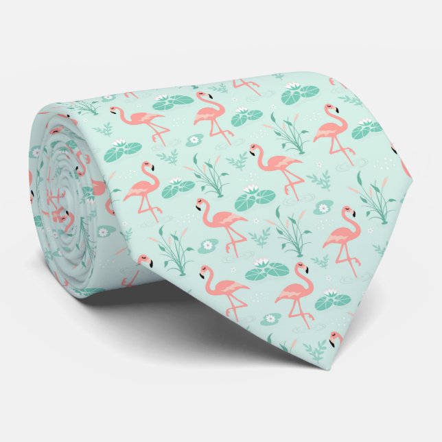 Pink Green Flamingo's Tropical Bird  Krawatte (Gerollt)