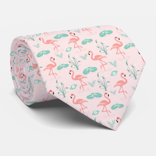 Pink Green Flamingo's Tropical Birds Wedding  Krawatte (Gerollt)