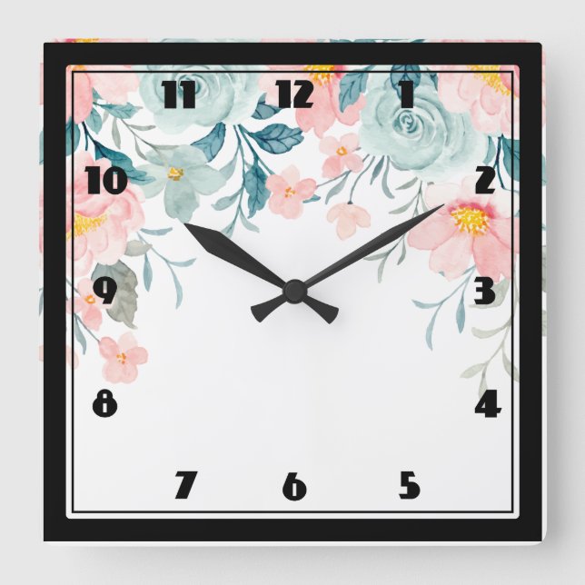  Pink & Green Floral Border Quadratische Wanduhr (Vorderseite)