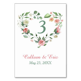 Pink Green Floral Herzkranz Tischnummer Karte
