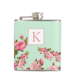 Pink Green Floral Monogram Bridesmaid Flask Flachmann