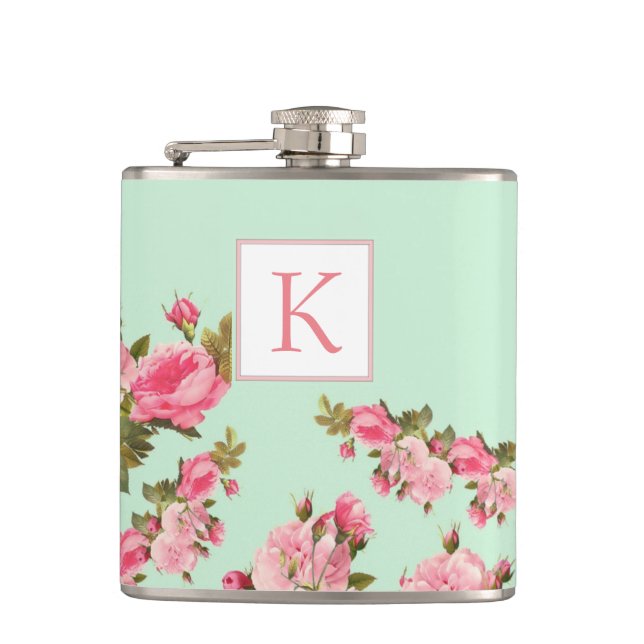 Pink Green Floral Monogram Bridesmaid Flask Flachmann (Vorderseite)