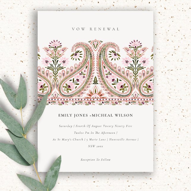 Pink Green Floral Paisley Motif Vow Renewal Einlad Dankeskarte (Von Creator hochgeladen)