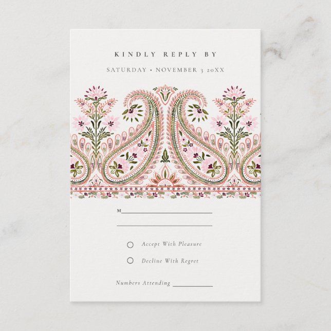 Pink Green Floral Paisley Motif Wedding RSVP Begleitkarte (Vorderseite)