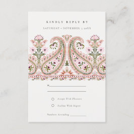 Pink Green Floral Paisley Motif Wedding RSVP Begleitkarte