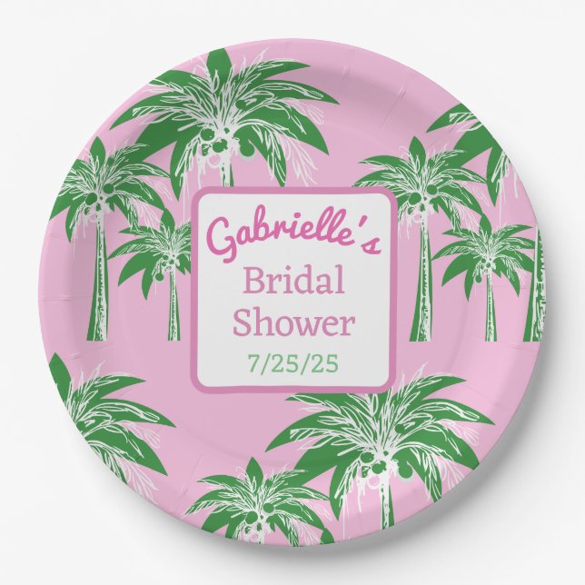 Pink & Green Font Palm Tree Bridal Shower Custom Pappteller (Vorderseite)