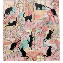 Pink Green French Cat Paris Café Dusche Vorhang