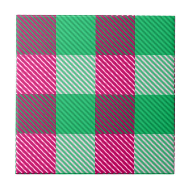 Pink Green Gingham Karo Design Fliese (Vorderseite)