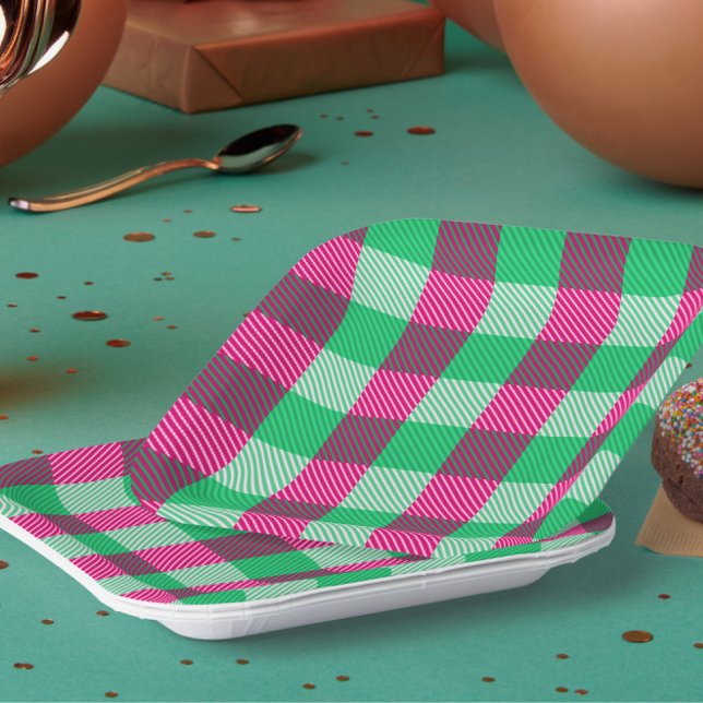 Pink Green Gingham Karo Design Pappteller (Von Creator hochgeladen)