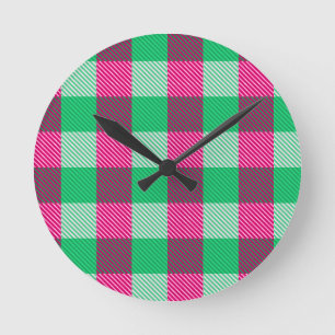 Pink Green Gingham Karo Design Runde Wanduhr