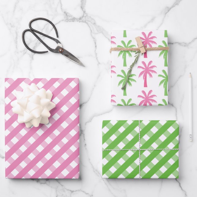 Pink & Green Gingham & Palm Trees Geschenkgutschei Geschenkpapier Set (Vorderseite)