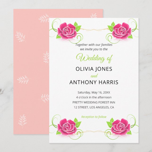 Pink Green Gold Floral Rose Wedding  Einladung (Vorne/Hinten)