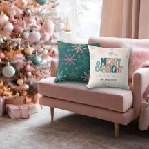 Pink Green Gold Merry & Bright Snowflakes Name