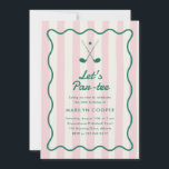 Pink   Green Golf 30. Geburtstag Party Einladung<br><div class="desc">Frag deinen Gästen,  mit dieser eleganten und Vintag inspiriert Pickleball-Party Einladung bei einer Geburtstagsparty am Golfplatz mitzuschwingen. Es ist mit einem hellrosa gestreiften Hintergrund,  einem gewölbten,  grünen Rahmen und einer Abbildung von zwei Golfclubs und einem Golfball ausgestattet. Die Rückseite der Karte weist einen kontrastierenden,  hellgrün gestreiften Hintergrund auf.</div>
