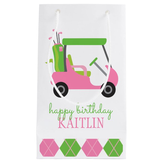 Pink & Green Golf Cart Personalisierte Geschenktas Kleine Geschenktüte (Vorderseite)
