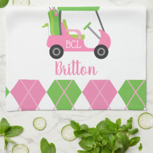 Pink & Green Golf Monogram Serviette de cuisine