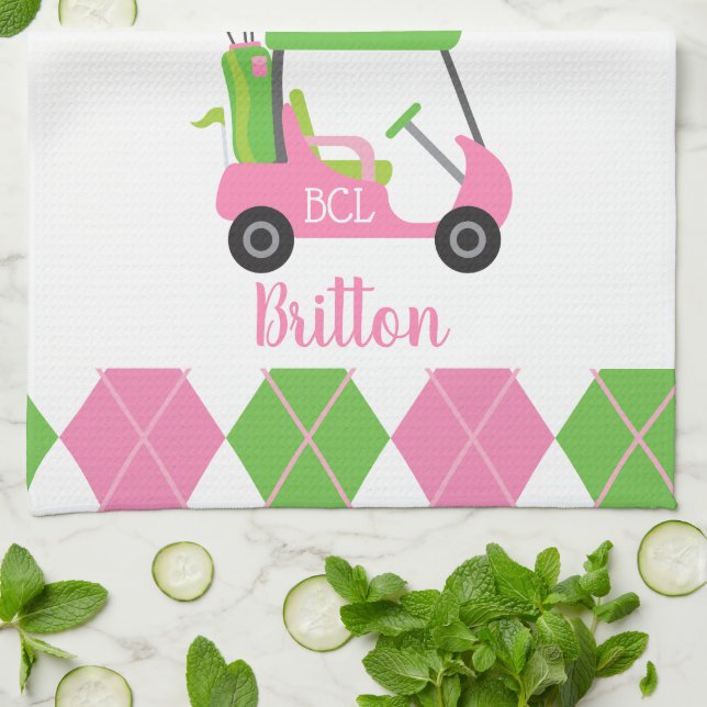 Pink & Green Golf Monogram Serviette de cuisine (Plié)