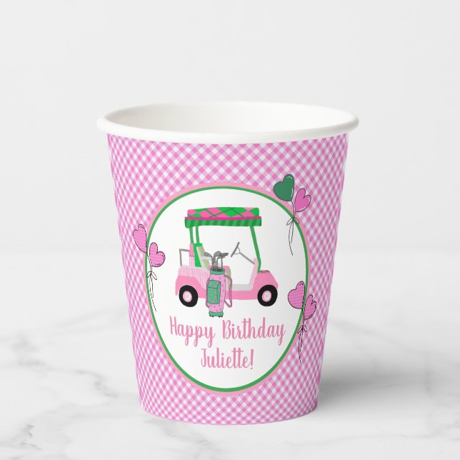 Pink & Green Golf Thema Personalisiertes Party Pappbecher (Vorderseite)