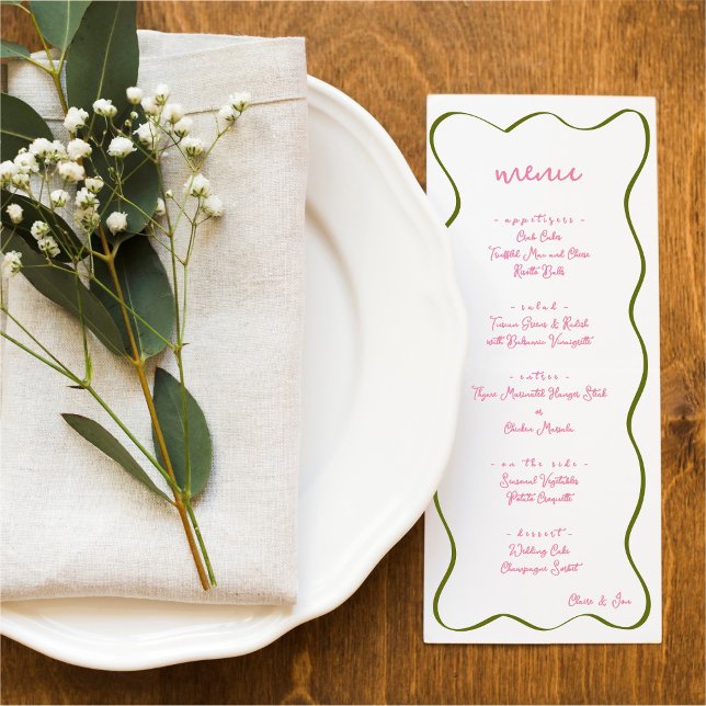 Pink & Green Hand Drawn Curvy Border Wedding Menu Menükarte (Von Creator hochgeladen)
