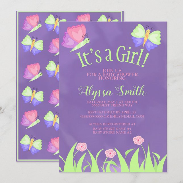 Pink Green Lila Butterflies Baby Girl Dusche Einladung (Vorne/Hinten)