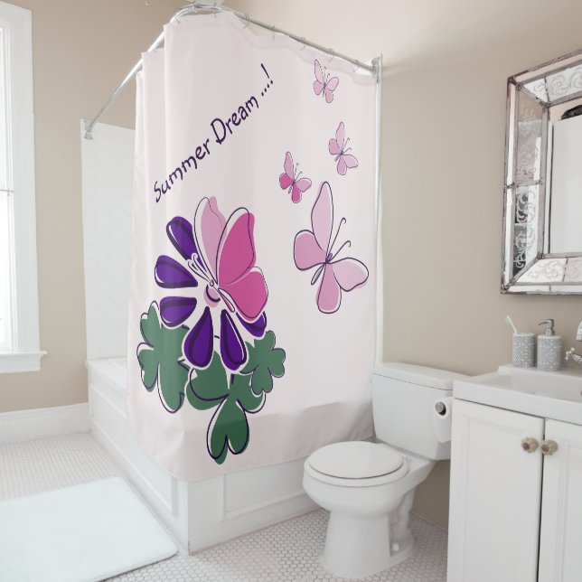 Pink Green Lila Doodle Blooms Butterfly Slogan Duschvorhang (Beispiel)