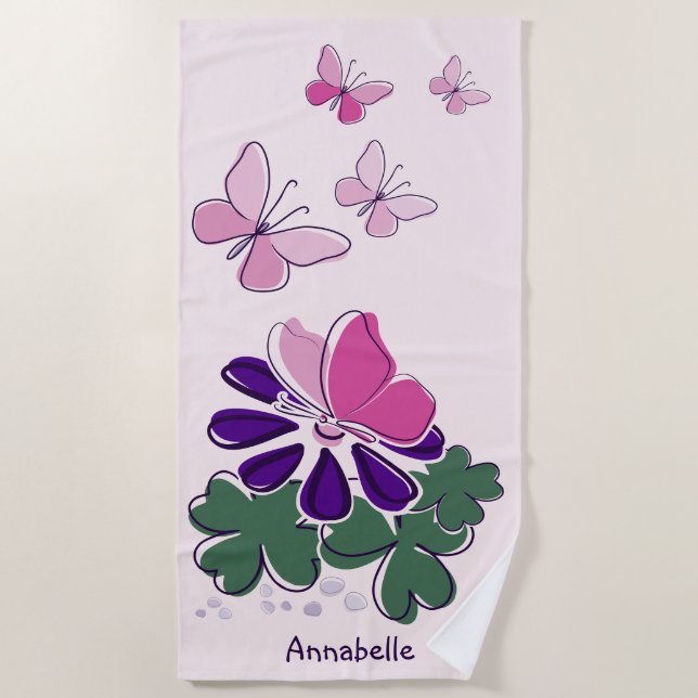 Pink Green Lila Doodle Blooms Schmetterlinge Name Strandtuch (Vorderseite)