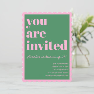 Pink Green Modern 21st Scalloped Birthday Party Einladung