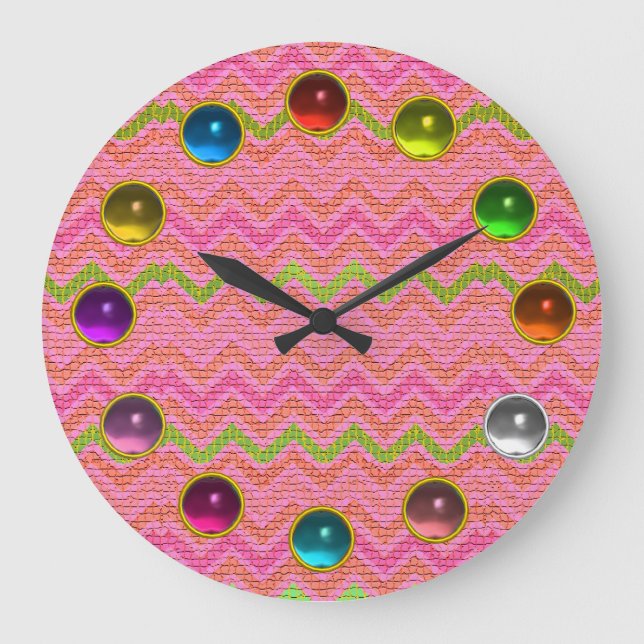 PINK GREEN MOSAIC ZICKZACK UND FARBHAFTE GEMSTONS GROßE WANDUHR (Vorderseite)