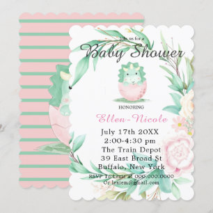 Pink Green Niedlich Dinosaur Peony Baby Dusche läd Einladung