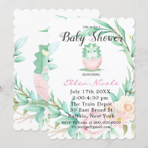 Pink Green Niedlich Dinosaur Peony Baby Dusche läd Einladung