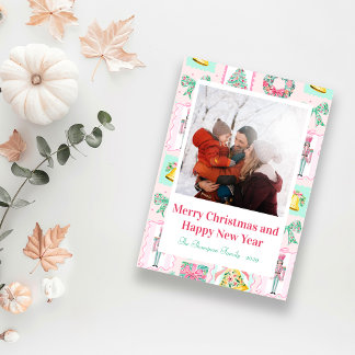 Pink & Green Nutcracker Custom Christmas Photo  Feiertagspostkarte