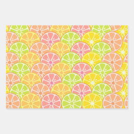PINK GREEN ORANGE YELLOW FRUIT & STRIPES GESCHENKPAPIER SET