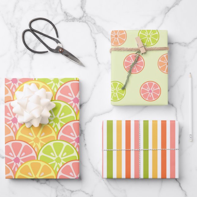 PINK GREEN ORANGE YELLOW FRUIT & STRIPES GESCHENKPAPIER SET (Vorderseite)