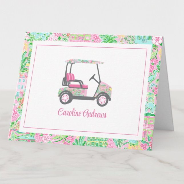 Pink & Green Palm Beach Golf Cart Personalisiert Dankeskarte (Von Creator hochgeladen)