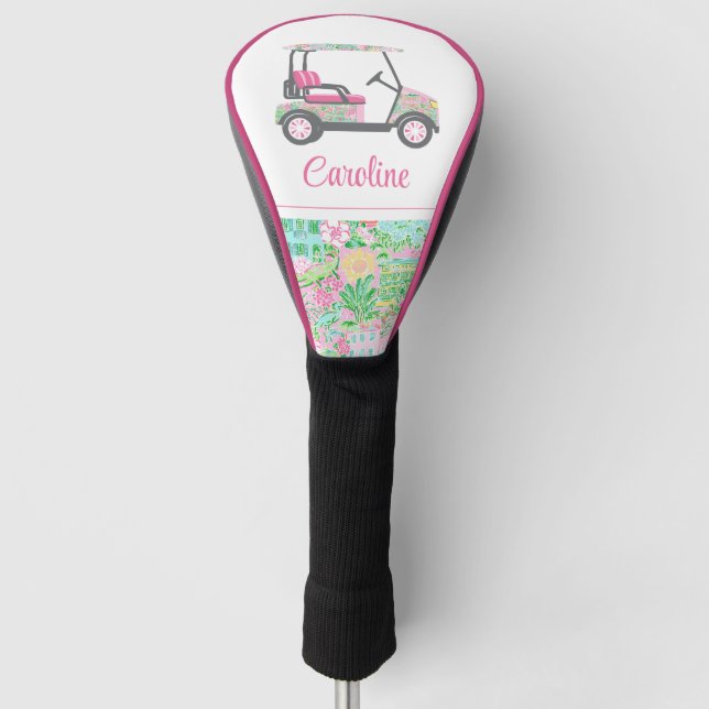 Pink & Green Palm Beach Golf Cart Personalisiert Golf Headcover (Vorderseite)