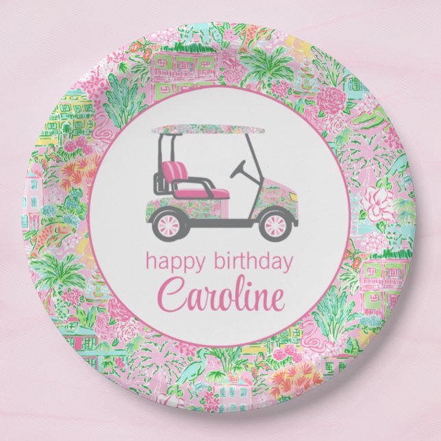 Pink & Green Palm Beach Golf Cart Personalisiert Pappteller (Von Creator hochgeladen)