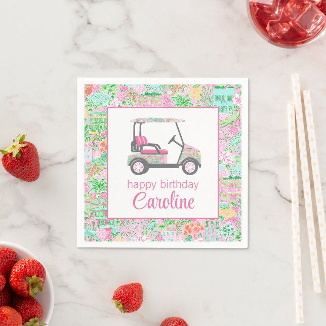 Pink & Green Palm Beach Golf Cart Personalisiert Serviette (Beispiel)