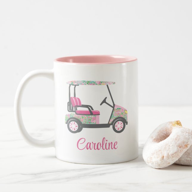 Pink & Green Palm Beach Golf Cart Personalisiert Zweifarbige Tasse (Mit Donut)