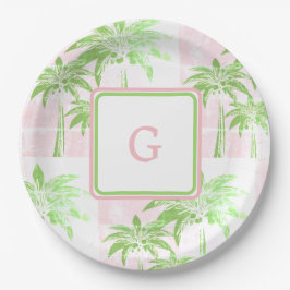 Pink Green Palm Tree Preppy Ombre Square Monogram Pappteller
