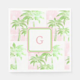 Pink Green Palm Tree Preppy Ombre Square Monogram Serviette