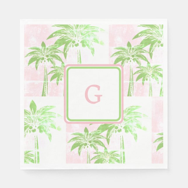 Pink Green Palm Tree Preppy Ombre Square Monogram Serviette (Vorderseite)