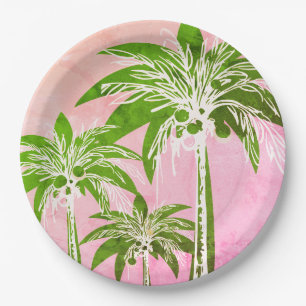 Pink Green Palm Tree Preppy Ombre Wasserfarbe Pappteller