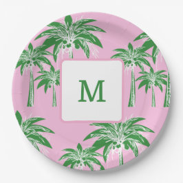 Pink Green Palm Tree Preppy Summer Beach Monogram Pappteller