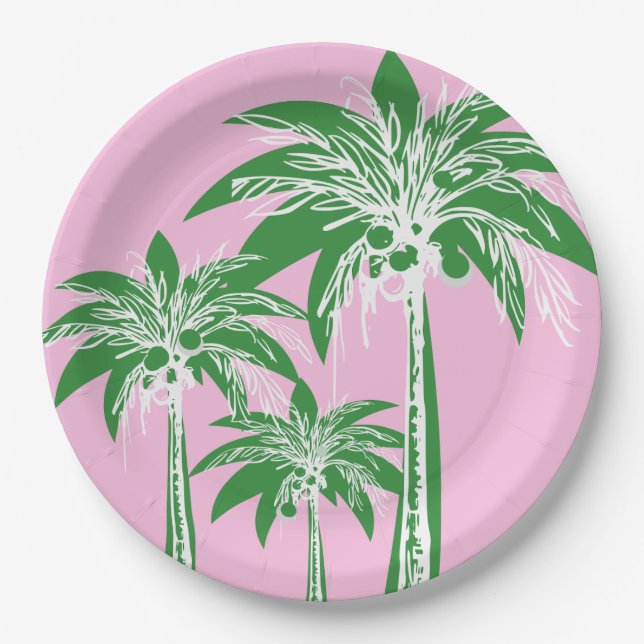Pink Green Palm Tree Preppy Summer Beach Tropical Pappteller (Vorderseite)