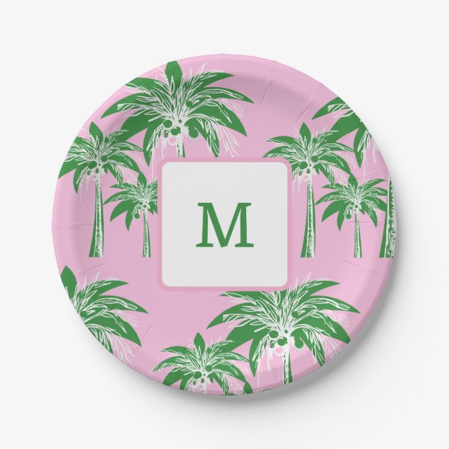 Pink Green Palm Tree Preppy Summer Monogram 7 inch Pappteller (Vorderseite)