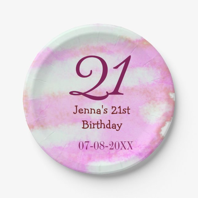 Pink green pastel 21st birthday simple name date g pappteller (Vorderseite)
